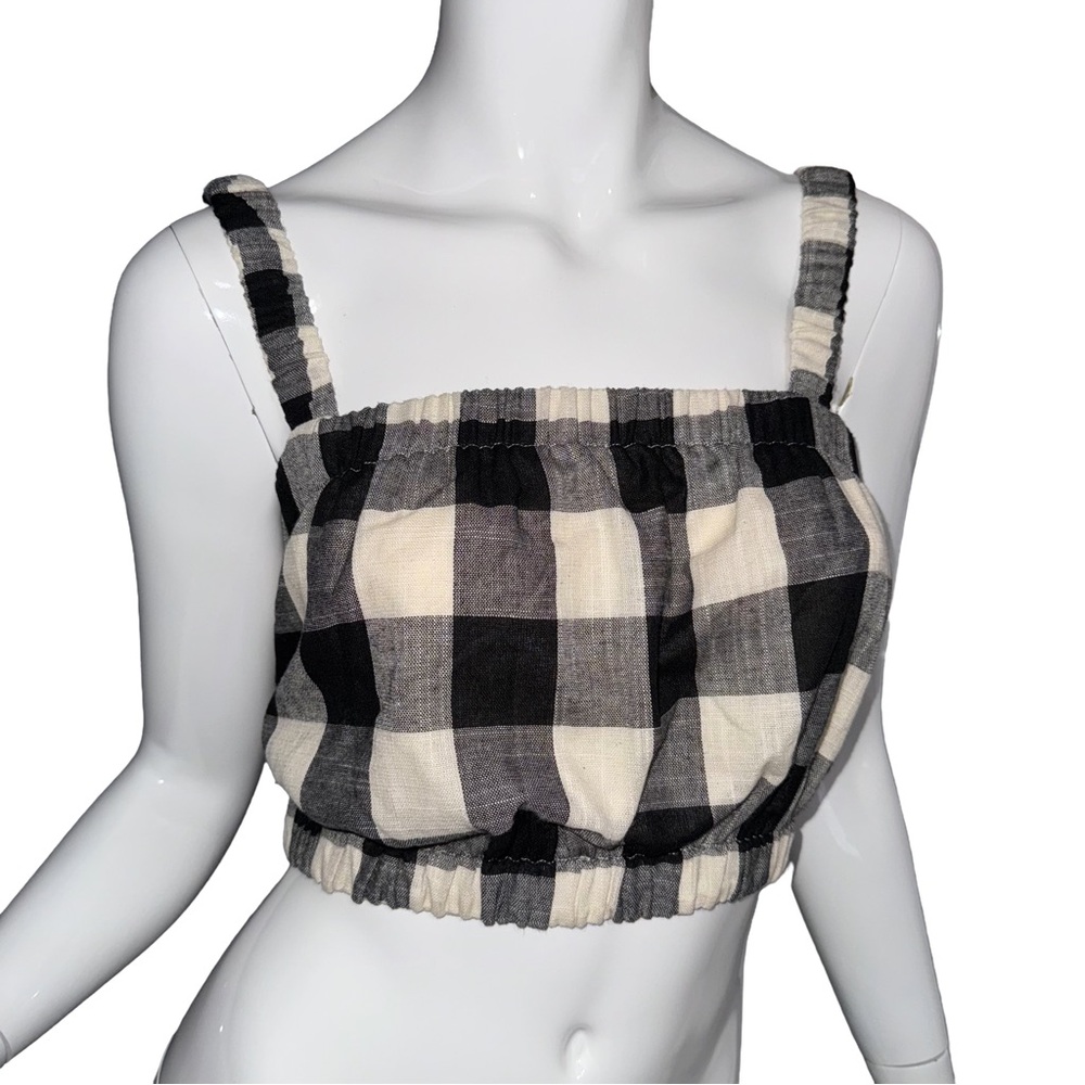 NWT Bohme Buffalo Plaid Black & Cream Crop Top Cottagecore Minimalist